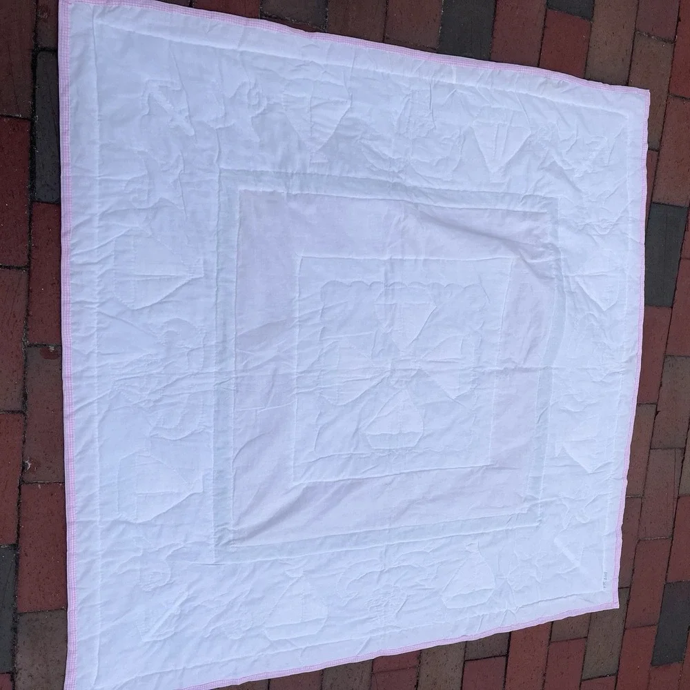 Handmade Sailboat Girls Crib Quilt, Green, White, Pink, One Of A Kind 42